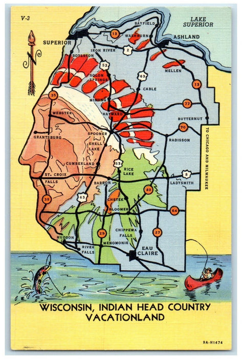 c1940 Indian Head Country Vacationland Route Map Wisconsin WI Unposted Postcard