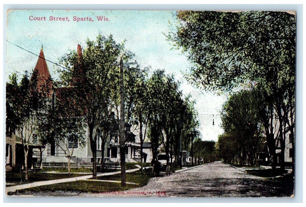 c1910 Court Street Dirt Road Horse Carriage Lined Tree Sparta Wisconsin Postcard