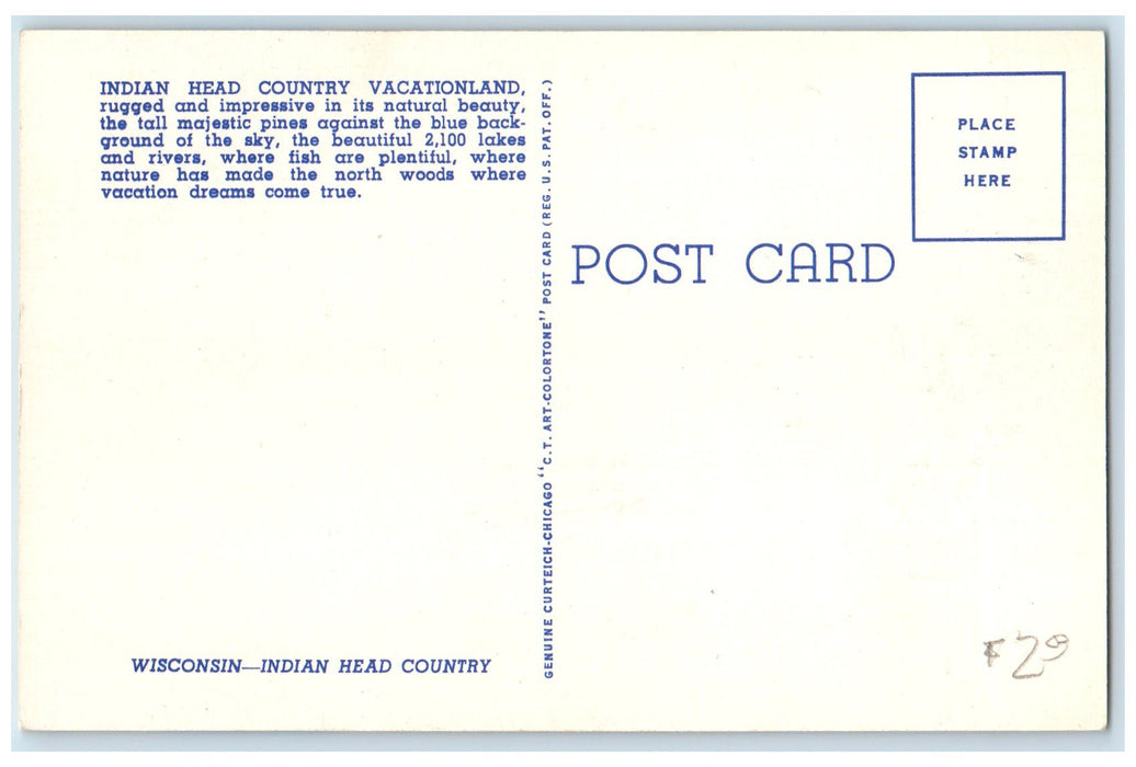 c1940 Indian Head Country Vacationland Route Map Wisconsin WI Unposted Postcard
