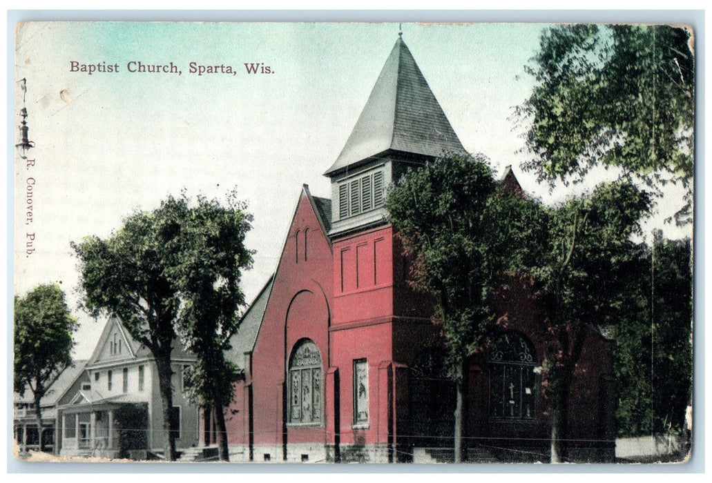 c1910 Baptist Church Building Trees Sparta Wisconsin Antique Unposted Postcard