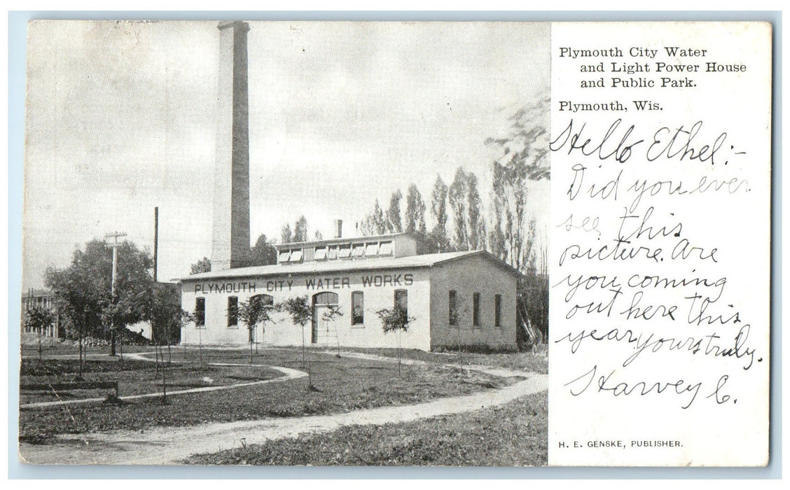 c1905 Plymouth City Water & Light Power House & Public Park Wisconsin Postcard