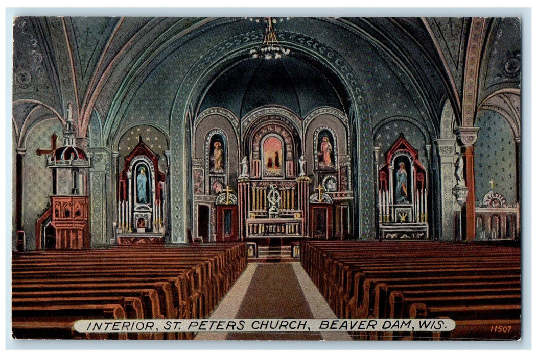 c1910 Interior St. Peters Church Building Altar Beaver Dam Wisconsin WI Postcard