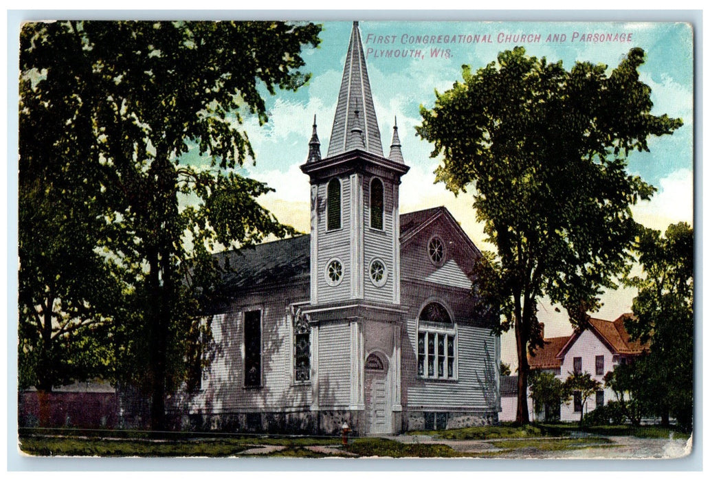 c1910's First Congregational Church & Parsonage Plymouth Wisconsin WI Postcard