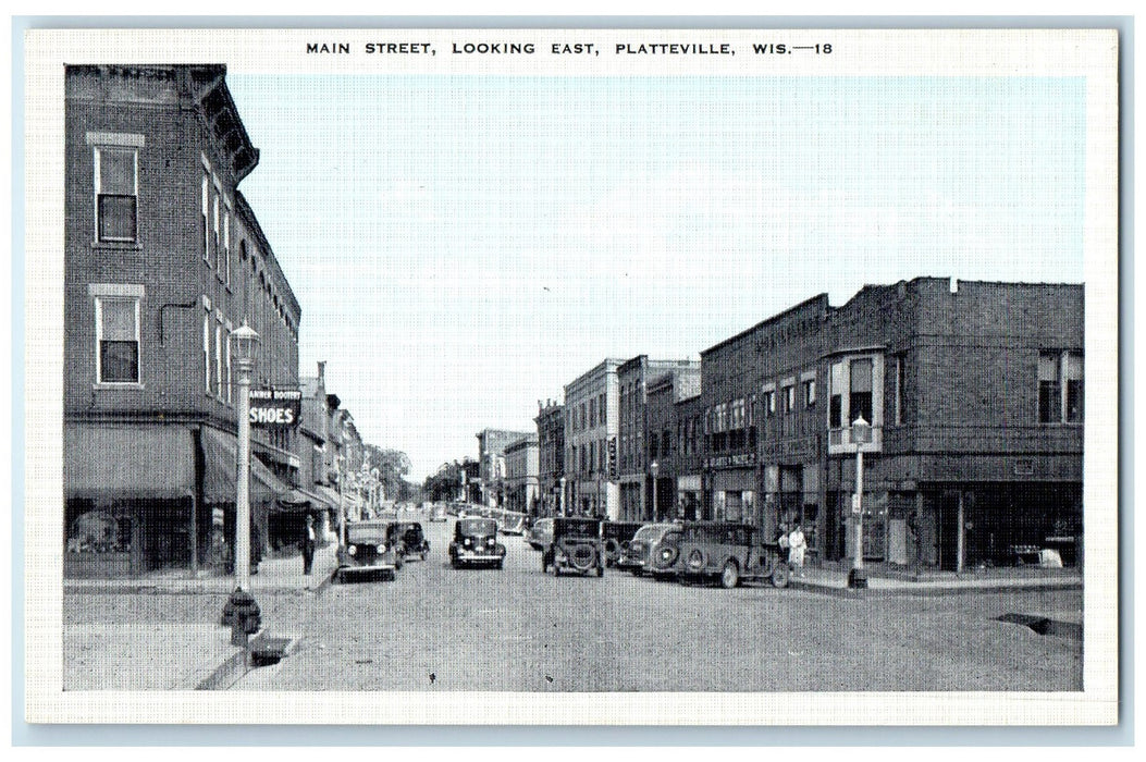 c1920's Main Street Looking East Classic Cars Platteville Wisconsin WI Postcard