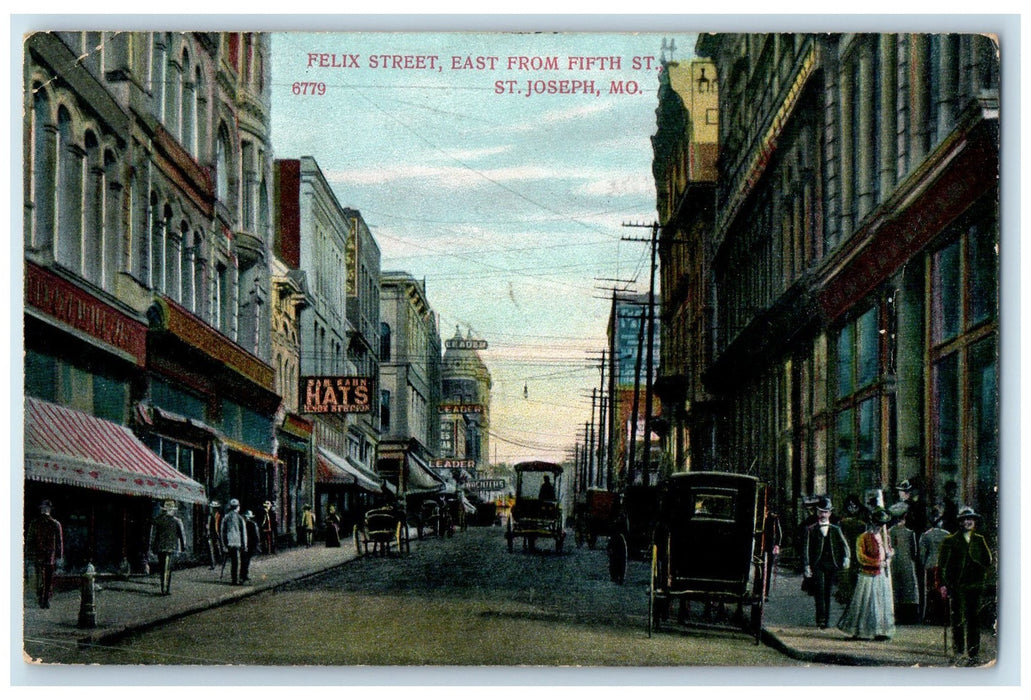 1911 Felix Street From Fifth Street Shops Carriages St. Joseph Missouri Postcard