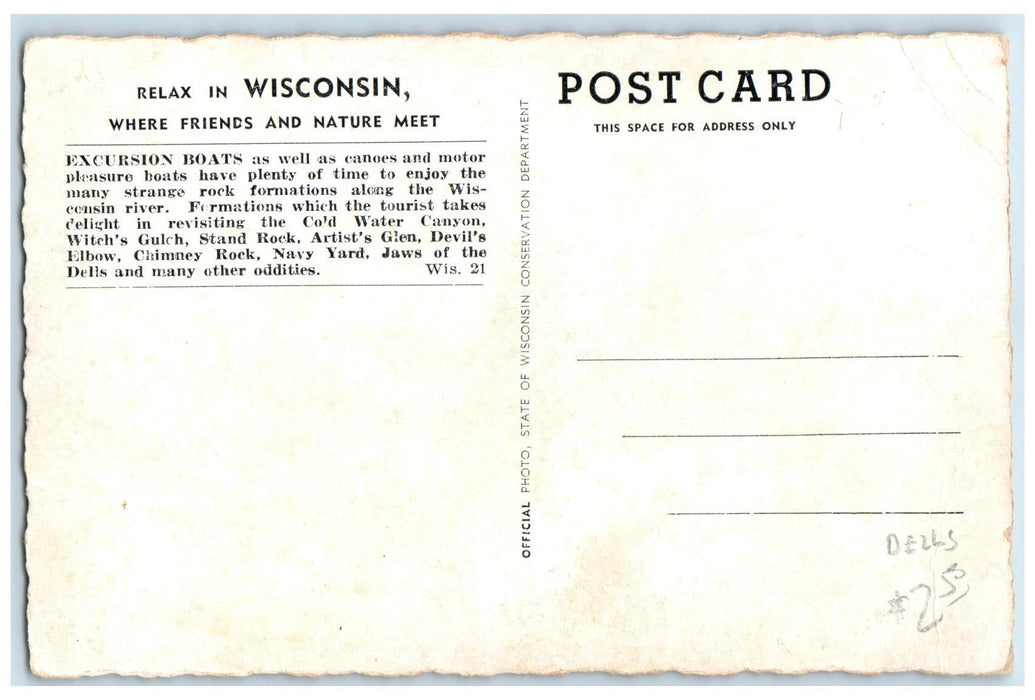 c1920's Excursion Boats River Rock Formation Wisconsin Dells Wisconsin Postcard