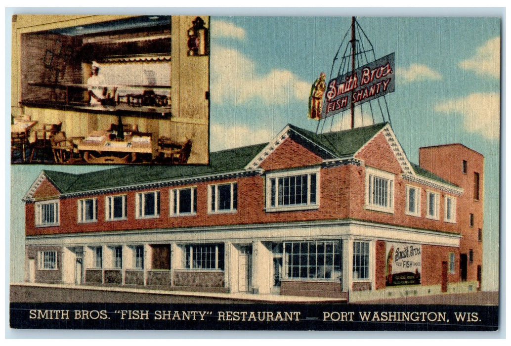 c1940's Port Washington Wisconsin Smith Bro's Fish Shanty Restaurant WI Postcard