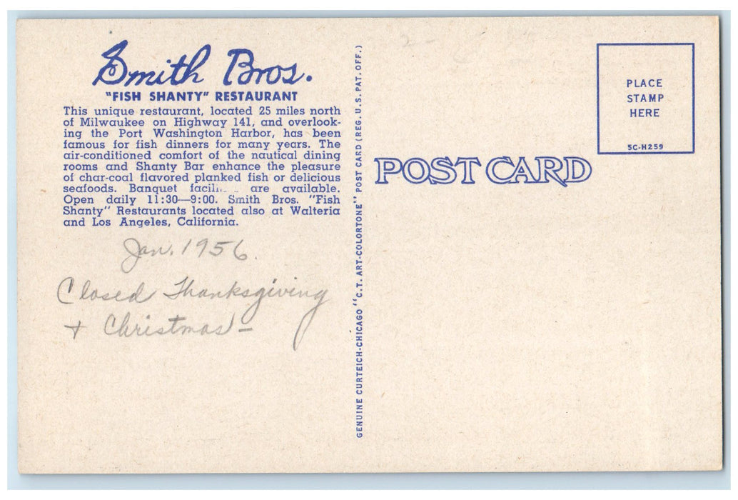 c1940's Port Washington Wisconsin Smith Bro's Fish Shanty Restaurant WI Postcard