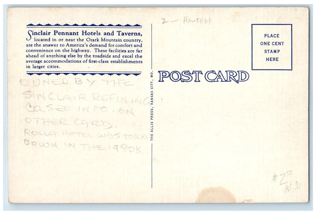 c1940's Sinclair Pennant Hotels Exterior Columbia Missouri MO Unposted Postcard