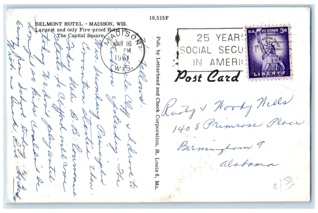 1961 Belmont Hotel Restaurant Building Capital Square Madison Wisconsin Postcard