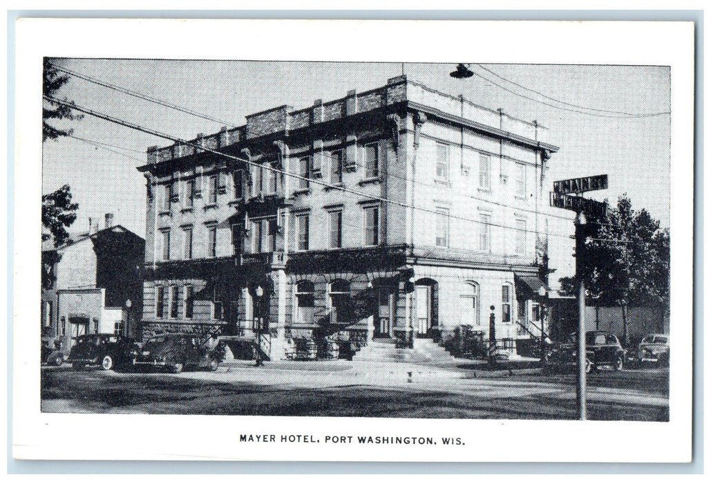 c1920's Mayer Hotel & Restaurant Classic Car Port Washington Wisconsin Postcard