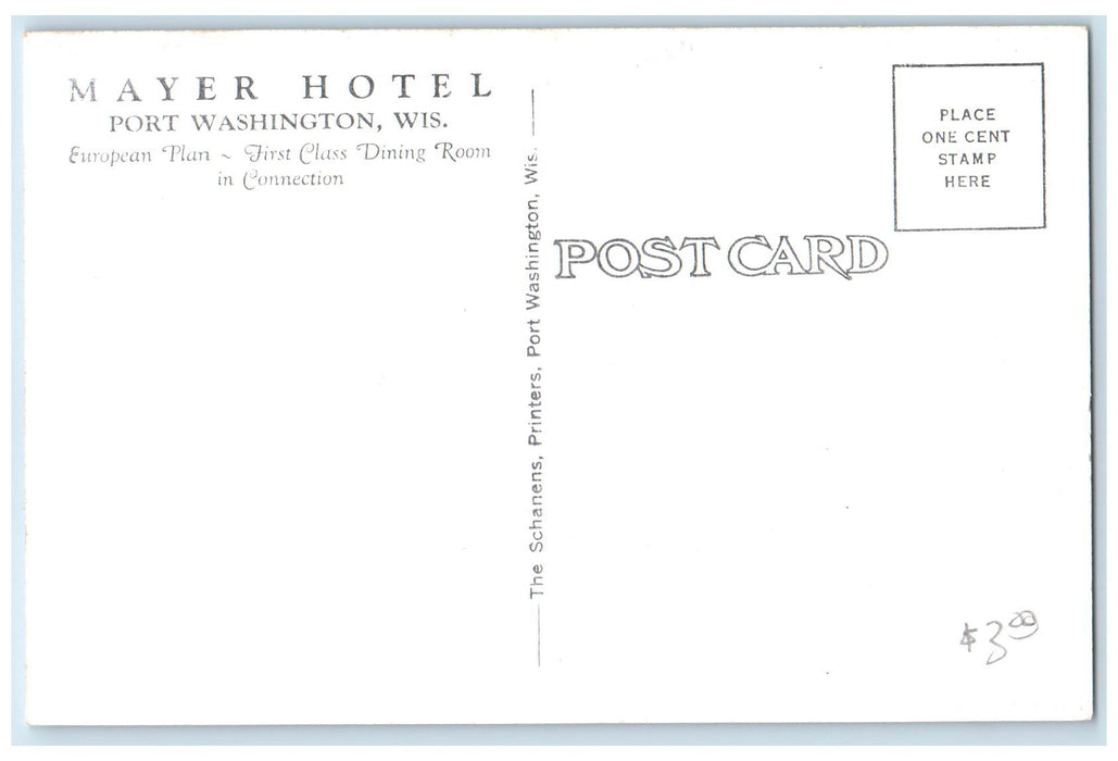 c1920's Mayer Hotel & Restaurant Classic Car Port Washington Wisconsin Postcard