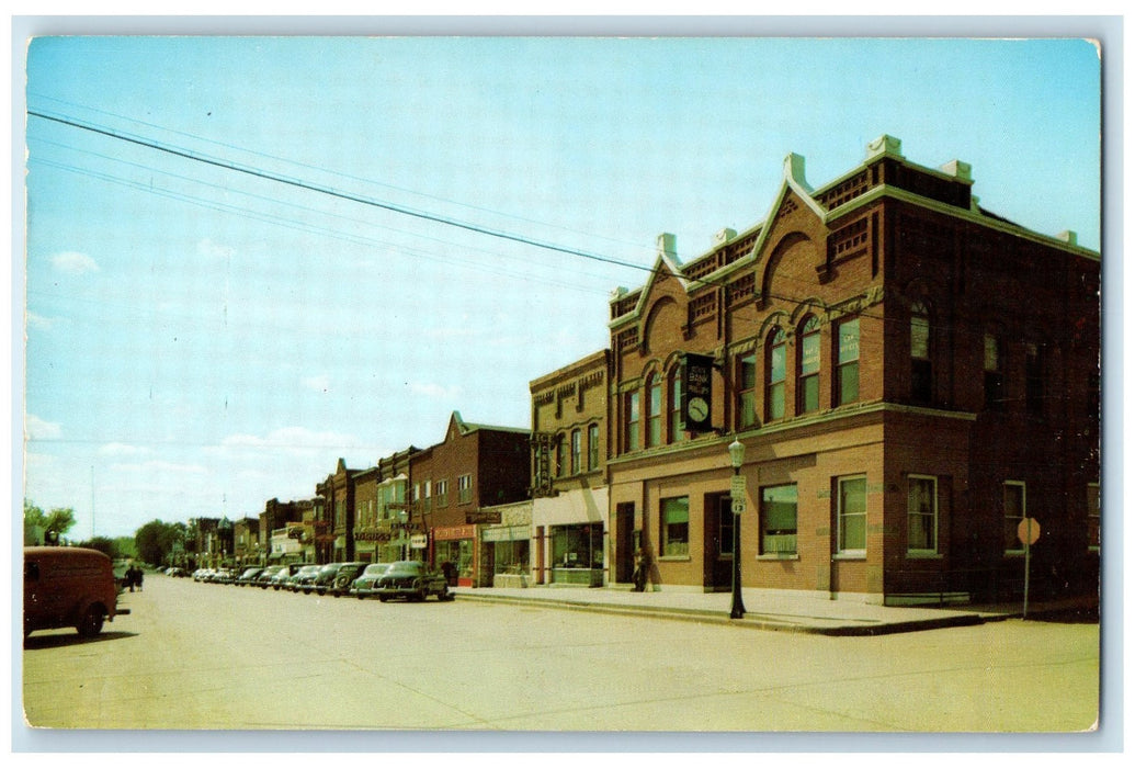 c1950's North Lake Avenue Building Clock Classic Car Phillips Wisconsin Postcard