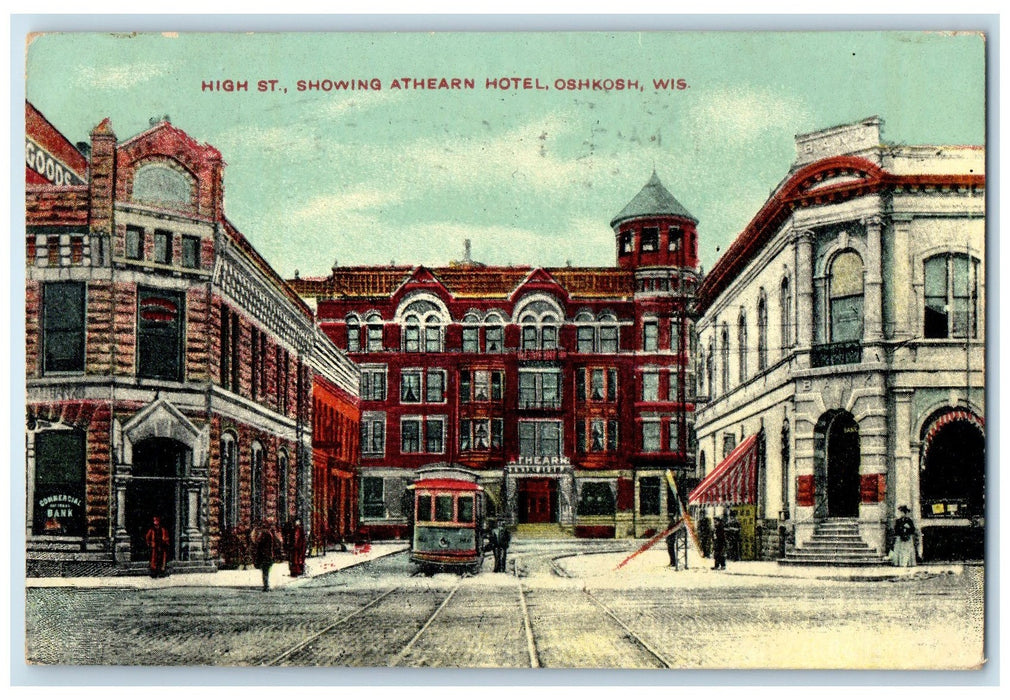 1909 High St Showing Athearn Hotel Restaurant Trolley Oshkosh Wisconsin Postcard