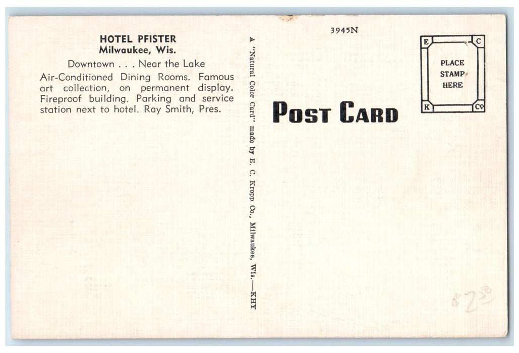 c1940 Hotel Pfister Restaurant Building Classic Car Milwaukee Wisconsin Postcard