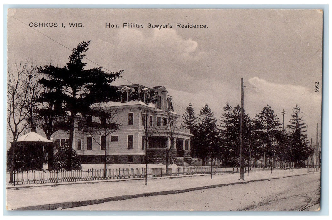 c1910 Hon. Philitus Sawyers Residence Building Winter Oshkosh Wisconsin Postcard