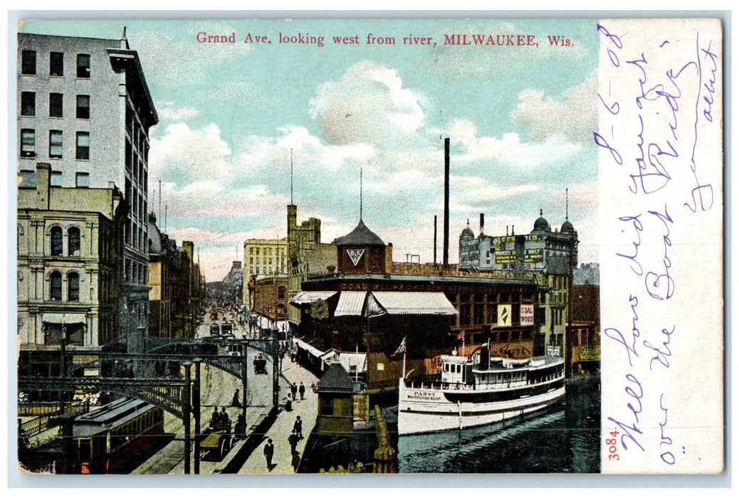 1908 Grand Avenue Looking West From River View Milwaukee Wisconsin WI Postcard