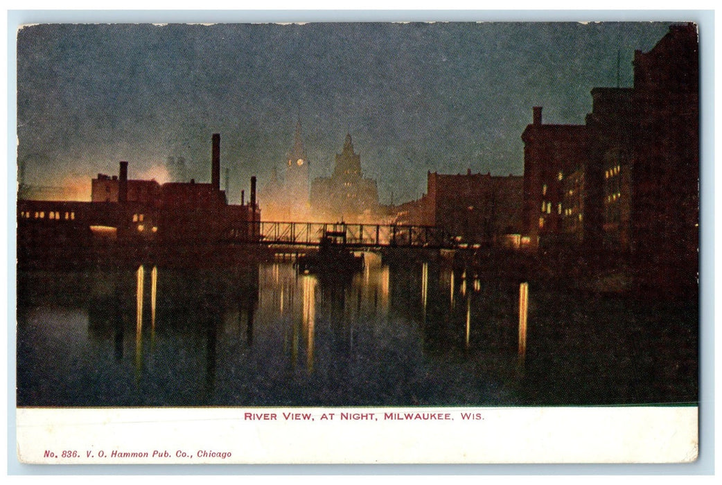 c1905 River View At Night Building Clock Tower Milwaukee Wisconsin WI Postcard