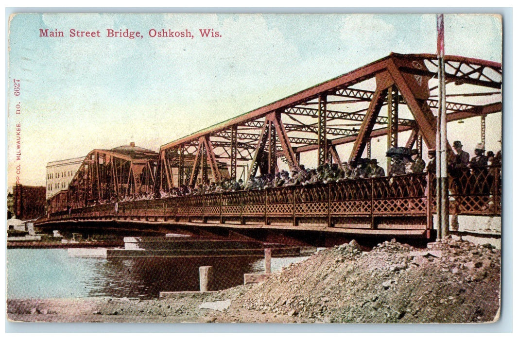 1913 Main Street Truss Bridge Crowd Lake River Oshkosh Wisconsin WI Postcard