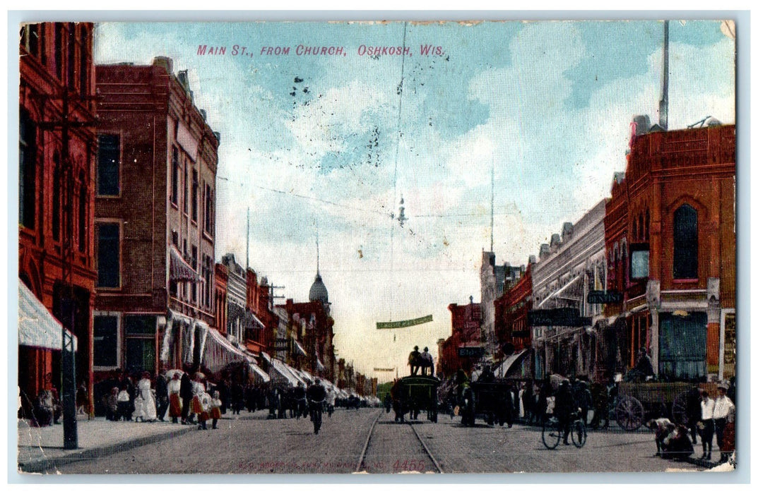 1908 Main Street From Church Railway Horse Buggy View Oshkosh Wisconsin Postcard