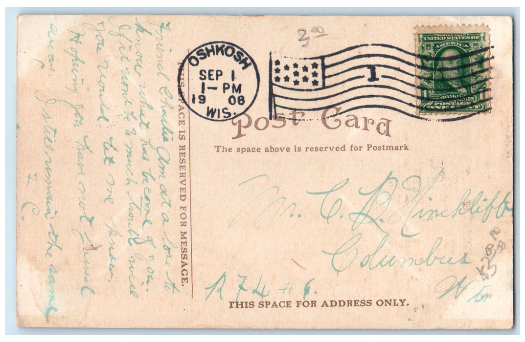 1908 Main Street From Church Railway Horse Buggy View Oshkosh Wisconsin Postcard