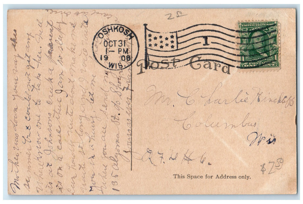 1908 Athearn Hotel Restaurant Building US Flag Tower Oshkosh Wisconsin Postcard