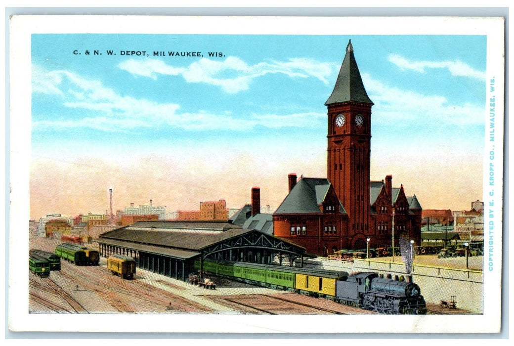 c1920's C & N W  Depot Locomotive Terminal Tower Milwaukee Wisconsin WI Postcard