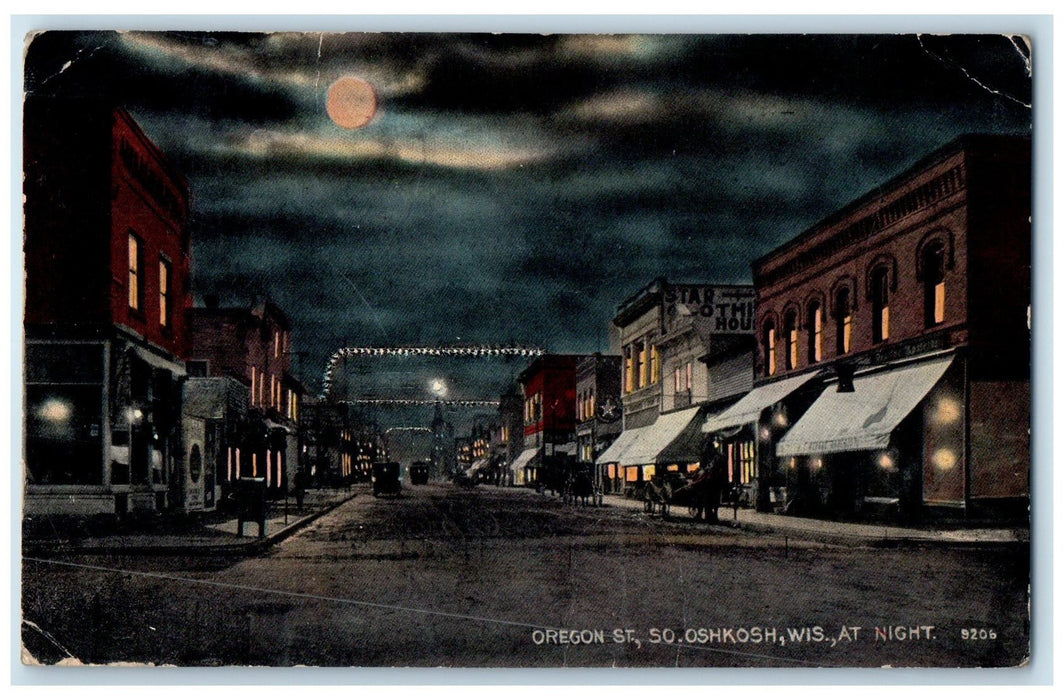 1914 Oregon Street At Night Classic Car Buildings So. Oshkosh Wisconsin Postcard