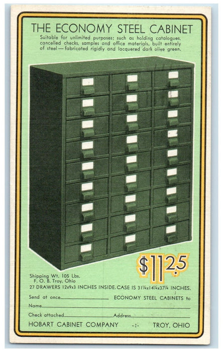 1940 Hobart Cabinet Company Economy Steel Cabinet Scene Ad Troy Ohio OH Postcard