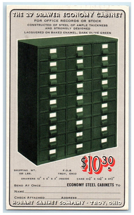 1940 Hobart Cabinet 27 Drawer Economy Cabinet Company Ad Troy Ohio OH Postcard