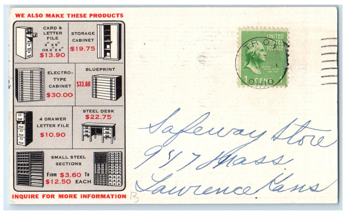 1940 Hobart Cabinet 27 Drawer Economy Cabinet Company Ad Troy Ohio OH Postcard