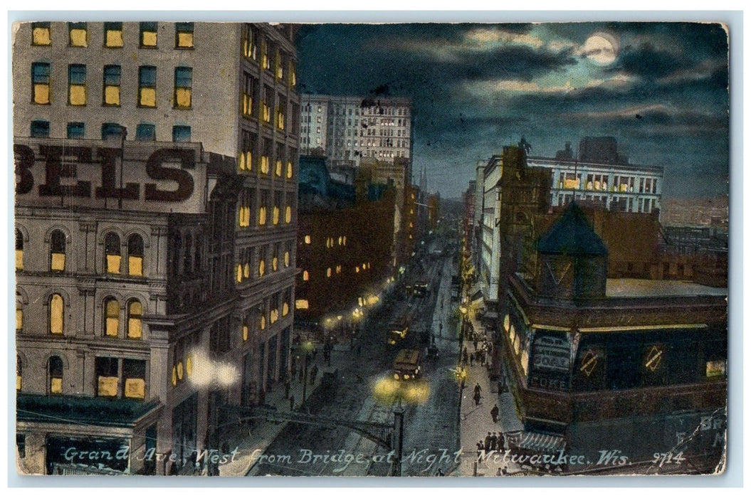 c1910's Grand Avenue West From Bridge At Night Milwaukee Wisconsin WI Postcard