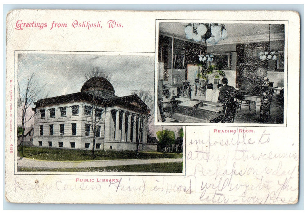 1908 Greetings From Oshkosh Multiview Library Reading Room Wisconsin Postcard