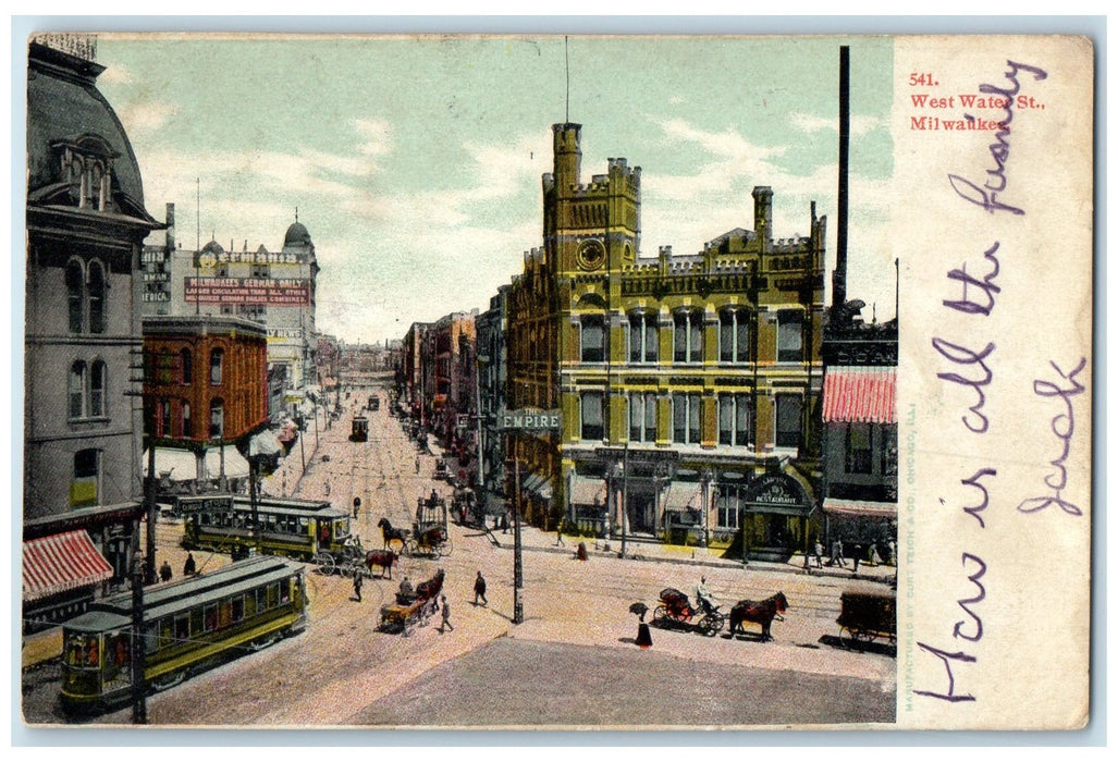 1906 West Water St. Carriage Trolley Intersection Milwaukee Wisconsin Postcard