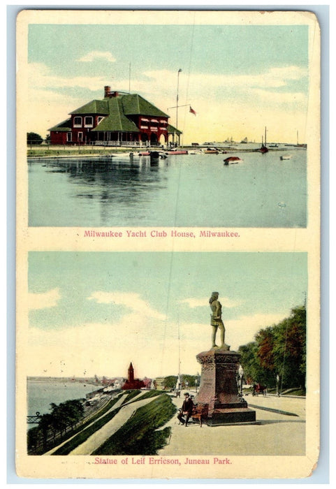 1909 Yacht Club House & Statue Of Leif Erricson Milwaukee Wisconsin Postcard