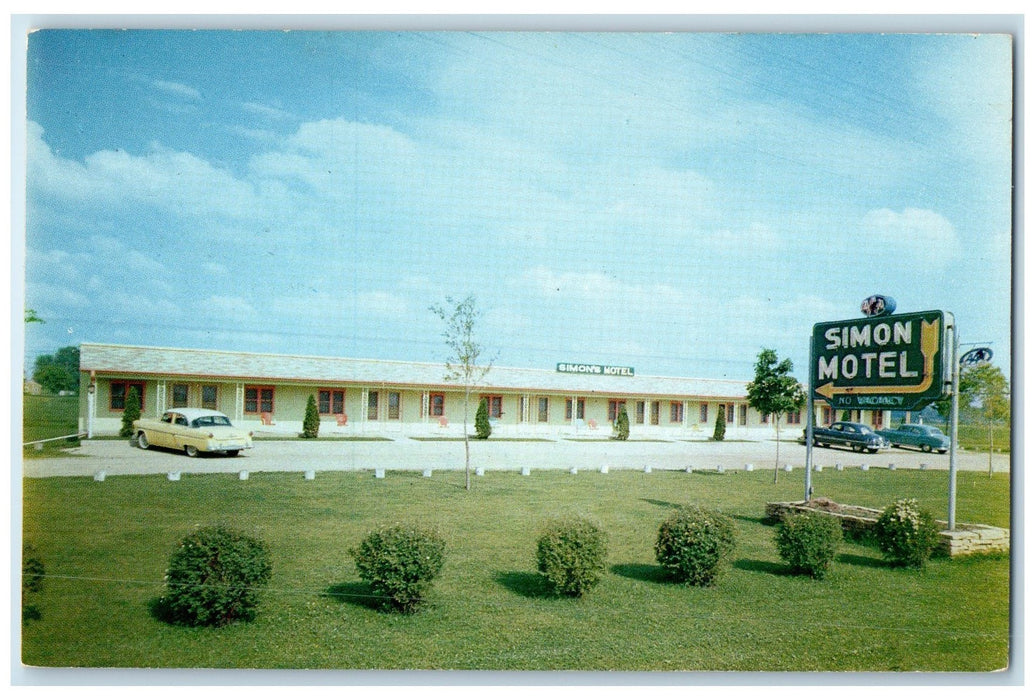 c1967 Simon Motel & Restaurant Cottage Classic Car Middleton Wisconsin Postcard