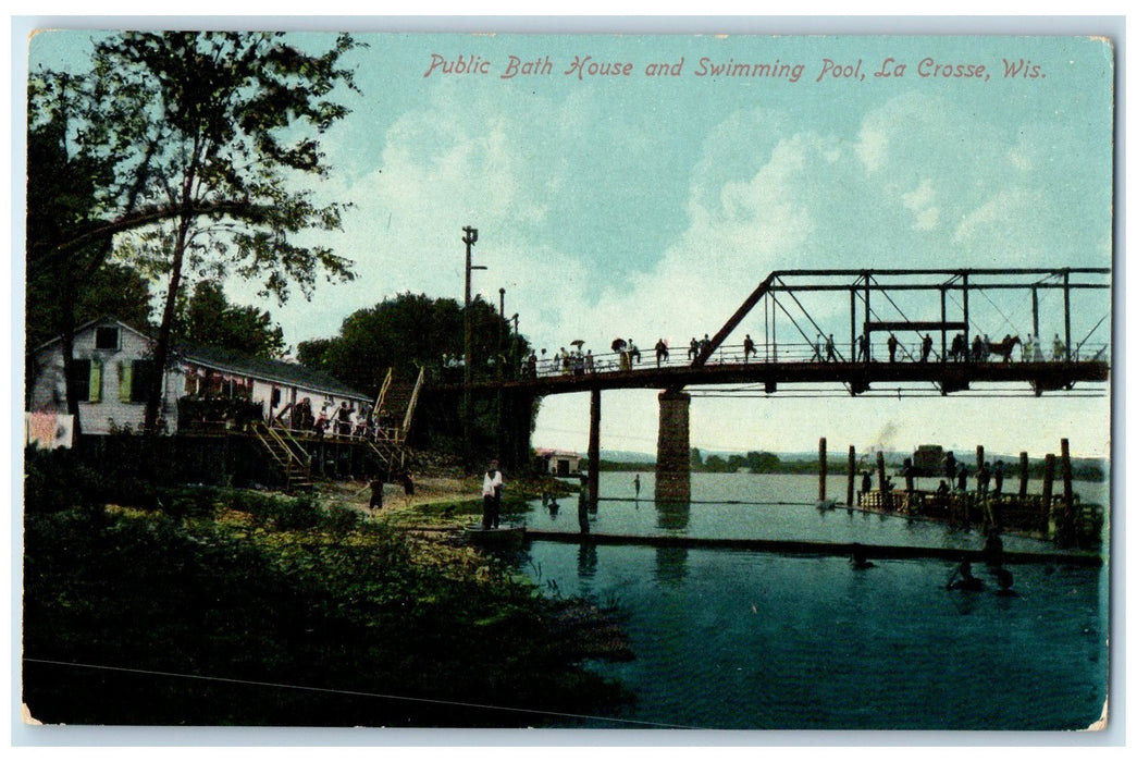 c1910's Public Bath House & Swimming Pool Bridge La Crosse Wisconsin WI Postcard