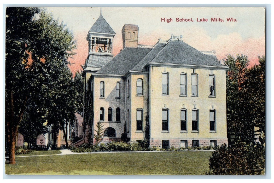 1908 High School Campus Building Tower Ground Lake Mills Wisconsin WI Postcard