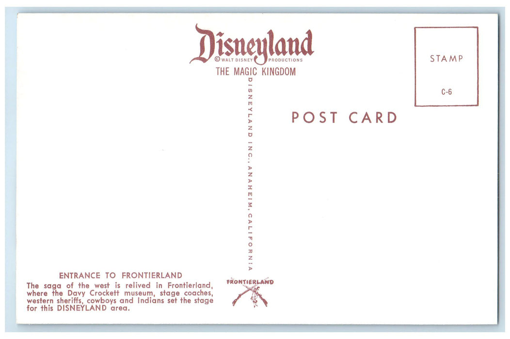 c1960s Disneyland's Entrance To Frontierland Anaheim California CA Flag Postcard