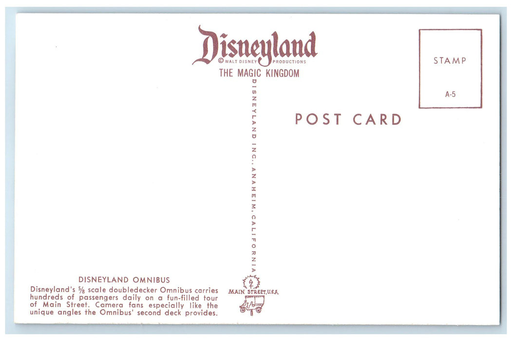c1960's Disneyland Omnibus Doubledecker Anaheim California CA Unposted Postcard