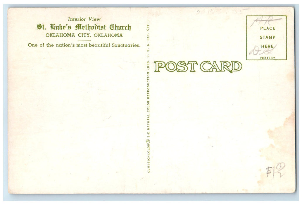 c1940's St. Lake's Methodist Church Interior Oklahoma City Oklahoma OK Postcard