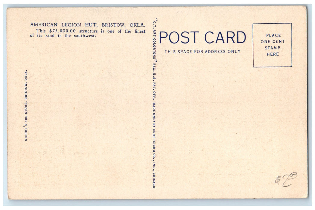 c1940's American Legion Hut Exterior Bristow Oklahoma OK Unposted Trees Postcard