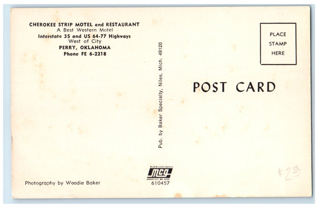 c1960's Cherokee Strip Motel And Restaurant Perry Oklahoma OK Unposted Postcard