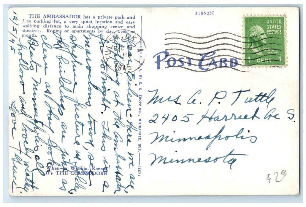1945 The Ambassador Building Exterior Tulsa Oklahoma OK Posted Cars Postcard