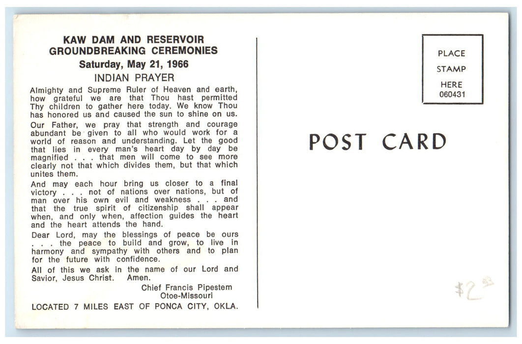 c1960s Kaw Dam And Reservoir Indian Prayer Ponca City Oklahoma Unposted Postcard