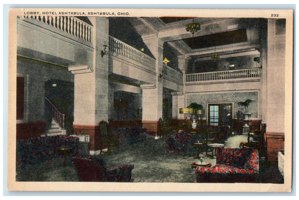 c1940's Lobby Hotel Ashtabula Interior Scene Ashtabula Ohio OH Unposted Postcard