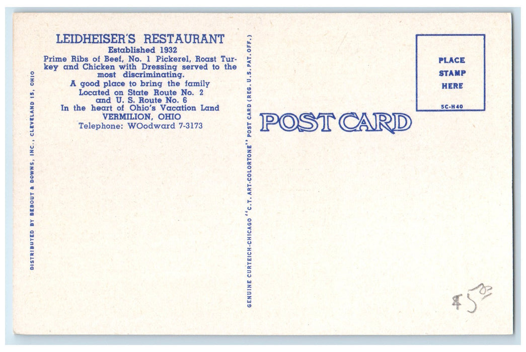 c1940's Leidheiser's Restaurant Exterior Vermillion Ohio OH Unposted Postcard