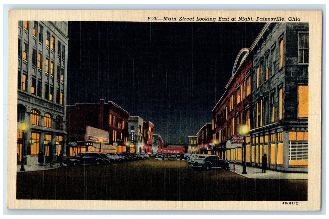 c1940's Main Street Looking East At Night Painesville Ohio OH Unposted Postcard