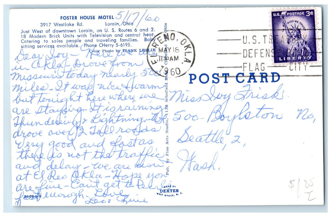 1960 Foster House Motel Exterior Roadside Lorain Ohio OH Posted Cars Postcard