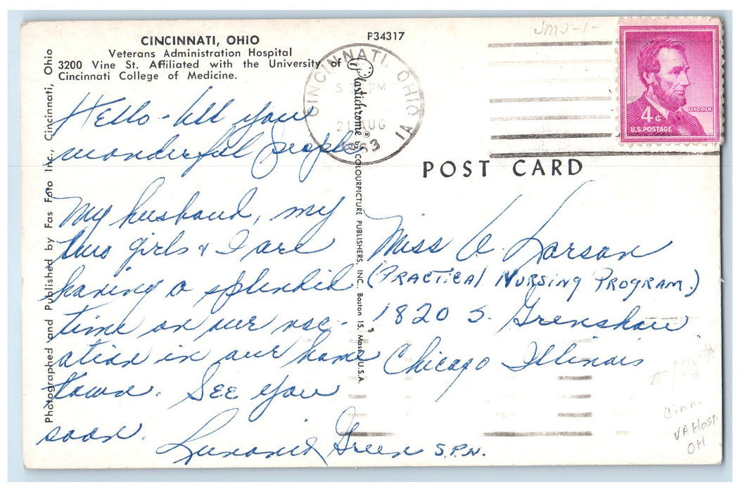 1963 Veterans Administration Hospital Exterior Cincinnati Ohio OH Trees Postcard